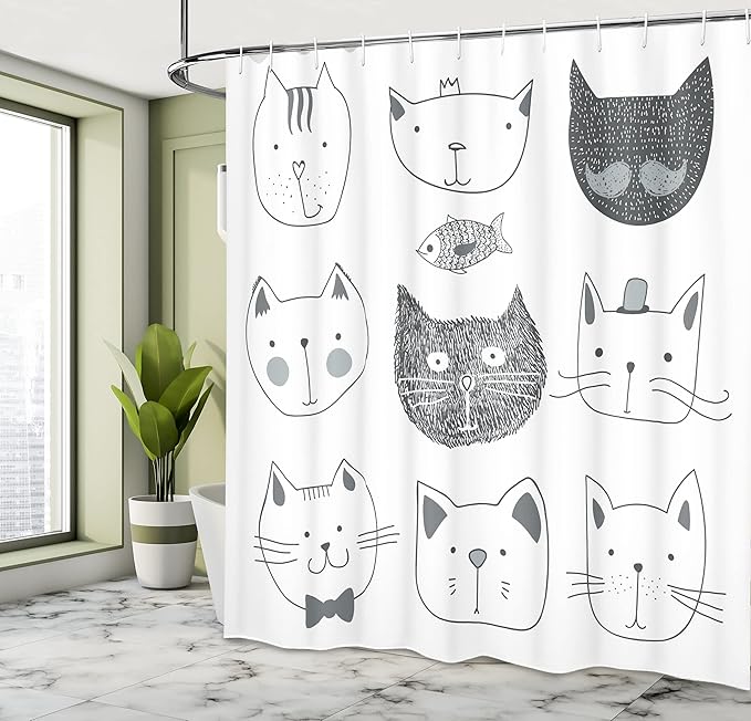 Ambesonne Cat Shower Curtain, Pets Moustache Bow Tie Hat Crown Fluffy and Fish Humor Faces Graphic, Cloth Fabric Bathroom Decor Set with Hooks, 69" W x 70" L, Taupe Grey