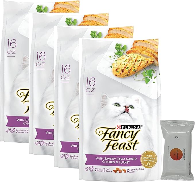 Aurora Pet Bundle Pack (4) FF Gourmet Dry Cat Food with Savory Chicken and Turkey (16 oz. Bags) Plus AuroraPet Wipes