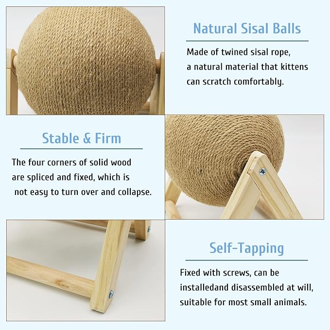 Fhiny Bunny Scratch Toy, Natural Solid Wood Sisal Scratching Ball for Indoor Kittens, Claws Scratching Ball for Kitten Bunny Guinea Pig Chinchilla Ferret or Other Small Animals (Medium)