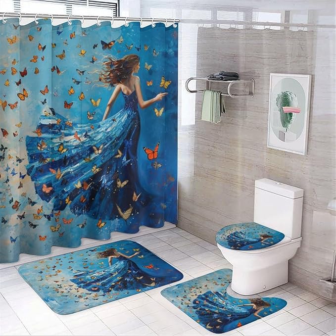 Brebasf Rustic Aesthetic Anime Girl Shower Curtain Set Bathroom Set Decorative Vintage Rustic Oil Painting Summer Beach Fantasy Colorful Butterfly 4 Piece