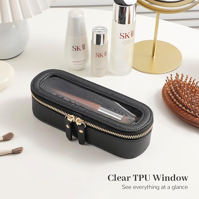 Aveniee Slim Clear Makeup Brush Bag, Small Cosmetic Brush Holder, Mini Toiletry Bag Travel Case for Women, Thin Make up Bags with Dual Zipper, Cute Travel Essentials Bag Organize - Black