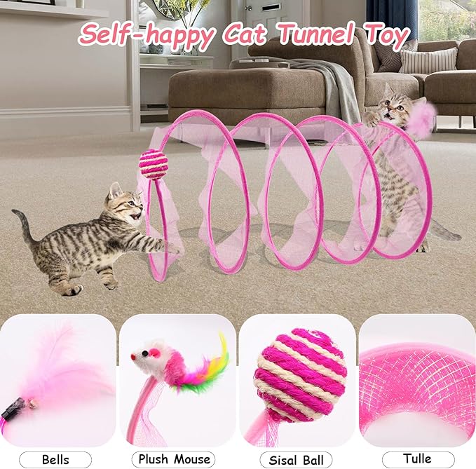 2 Packs Folded Cats Tunnel, Cats Tunnels Toy for Indoor Cats Collapsible Tubes Plays Tunnel Spring Exercise Pet Tunnel Bed Interactive with Toys Feather Mouse Attract Kitten Pink