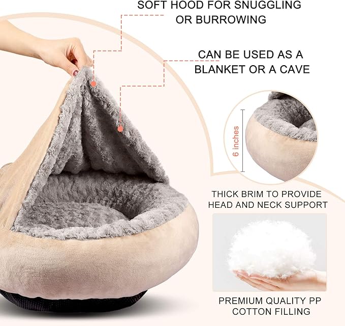 GASUR Dog Beds for Small Medium Dogs with Hooded Blanket, Cozy Cuddler Luxury Puppy Pet Bed with Blanket Attached, Donut Round Calming Anti-Anxiety Dog Burrow Cave Bed, Machine Washable 26 inch