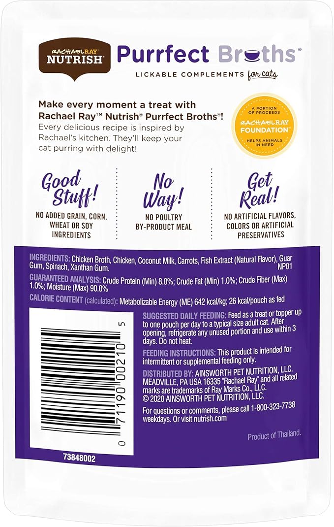 Rachael Ray Nutrish Purrfect Broths Wet Cat Food, Creamy Chicken Bisque with White Meat Chicken & Veggies Recipe, 1.4 Ounce Pouch (Pack of 24), Grain Free