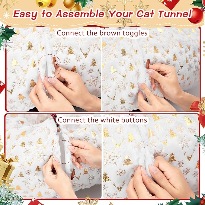 Cat Tunnel Bed for Indoor Cats, 3-in-1 Christmas Cat Donut Tunnel with Washable Cushion, Cat Tube Cave Toys Comes with Two Spherical Cat Fun Balls, for Kitten/Puppy/Rabbit, White