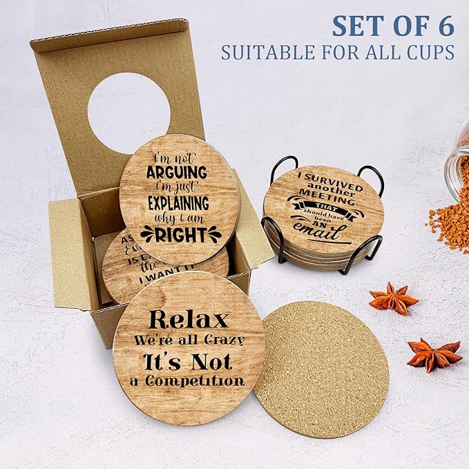 6 Pcs with Holder Drink Cork Coasters,Funny Office Gifts for Coworkers,Novelty Gifts for New Colleagues Employees Boss,Office Desk Coasters,Humorous Christmas Birthday Gifts for Men Women
