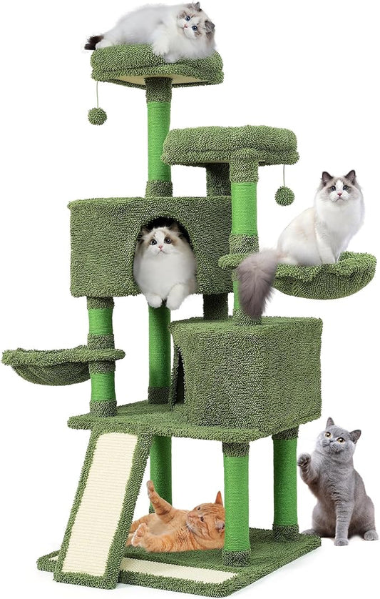 Mile High Life | Multi-Level Cat Tree Condo 58" for Large Cats | Hammock and Sisal Covered Scratching Post Tree for Kittens | Tall Cat Climbing Stand with Cute Hanging Ball & Toys for Play Houses