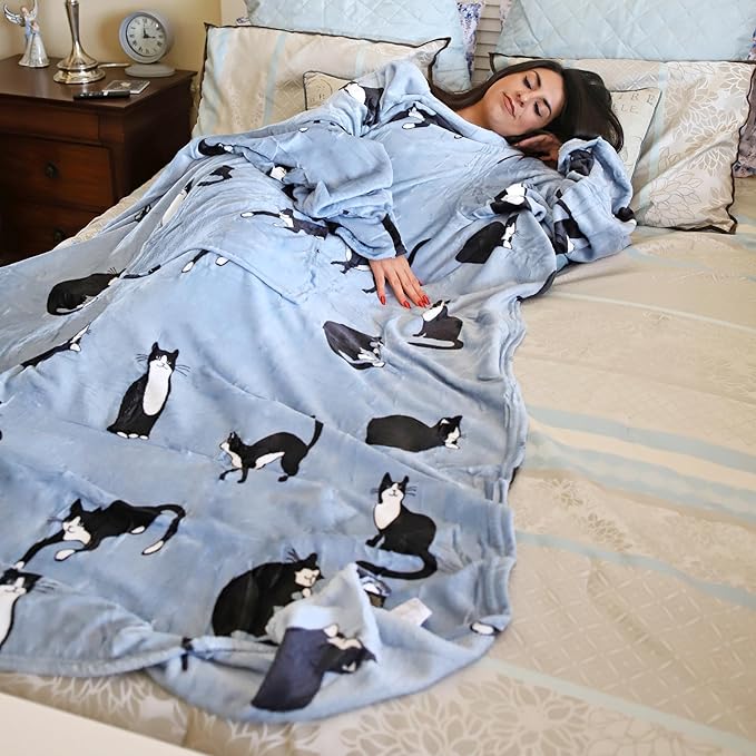 Solaris Wearable Cat Pattern Blanket with Sleeves, Super Soft Warm Snuggy Body TV Throw Blanket for Home Office Lounge, Cat Gift for Adult Women Men