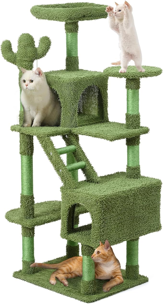 Mile High Life | Multi-Level Cat Tree Condo 58" for Large Cats | Hammock and Cactus Scratching Posts Tree for Kittens | Tall Cat Climbing Stand with Cute Hanging Ball & Toys for Play Houses