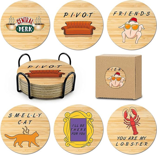 6 PCS Friends Cork Coasters for Drinks,Friends TV Show Merchandise,Funny Coasters Set with Coaster Holder for Coffee Table Tea Table bar,Friend TV Themed Gifts for Fans