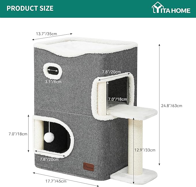 YITAHOME 2-Tier Cat House, Indoor Cat Cave Bed Playhouse, Cat Tunnels with Scratch Pad and Hideaway Cube, Cute Modern Cat Condo Furniture for Multi Small Cats, Extended (Grey)