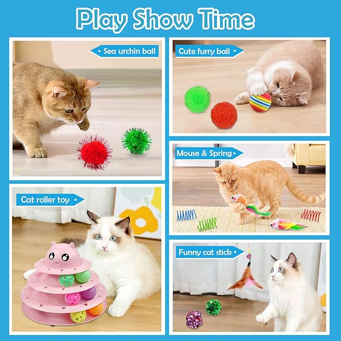UPSKY 20 PCS Cat Toys, Cat Roller Toy 3-Level Turntable Cat Toys Balls for Indoor Cats, Kitten Toys Set with Cat Teaser Toys, Mice Toys, Spring Toys, and Various Ball Toys.