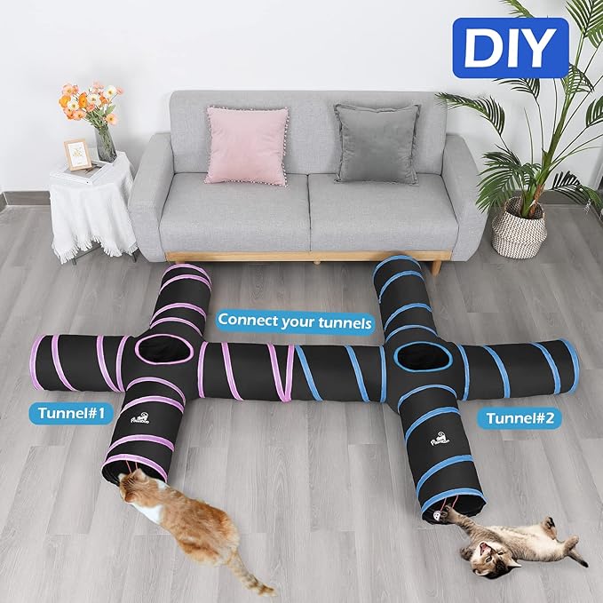 Pawaboo Cat Toys, Cat Tunnel Tube 4 Way Tunnels 25x53cm Extensible Collapsible Cat Play Tent Interactive Toy Maze Cat House with Balls and Bells for Cat Kitten Kitty Rabbit Small Animal, Blue