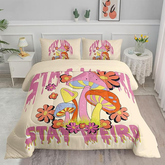 Axolotl Cartoon Mushroom Comforter Set Queen,Colorful Mushrooms Bedding Girls Bedding Set,Floral Comforter Set Red Pink Flower,Cute Mushroom Bedding Set For Kids Boys Girls Teens,1 Quilt 2 Pillowcases
