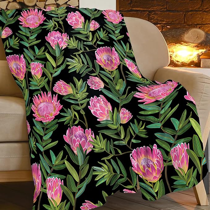 Protea Flower Blanket Ultra Soft Cozy Plush Farmhouse Floral Throw Blanket Wildflower Lovers Gifts for Girls Women Kids Adults Lightweight Flannel Comfy Blankets for Couch Sofa Bed 80"x60"