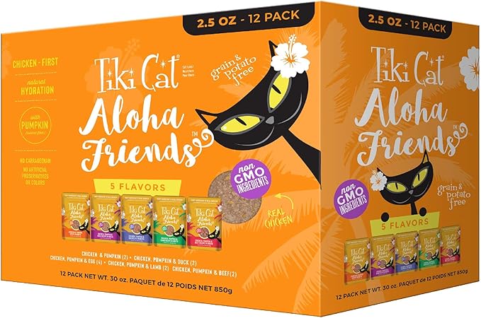 Tiki Cat Aloha Friends Variety Pack, Meaty Flavors Mixed with Pumpkin, Wet, High-Protein & High-Moisture Cat Food, For All Life Stages, 2.5 oz. Pouch (Pack of 12)