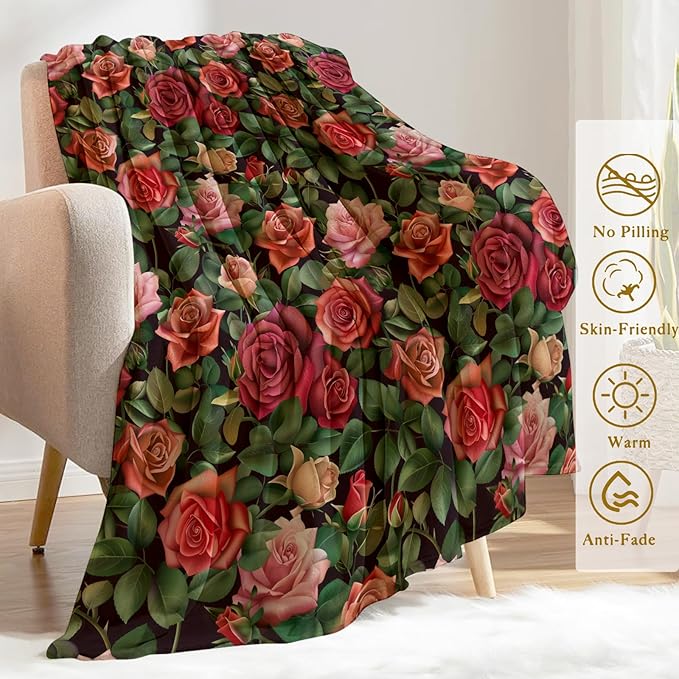 Rose Theme Blanket Plush Flannel Throw Blanket - Ultra Soft & Warm, Comfy & Lightweight - Perfect for Couch, Travel, Bedroom, Bed, Living Room - Cozy, Fuzzy Gift 50in×40in