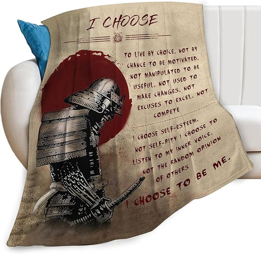 Japanese Samurai Warrior Throw Blanket I Choose Inspirational Quotes Print Blankets Gifts for Couch Sofa Bed Stuff Decor Soft Cozy Fleece Plush Flannel Bedding for Lover Men Women Adults 40"x50"