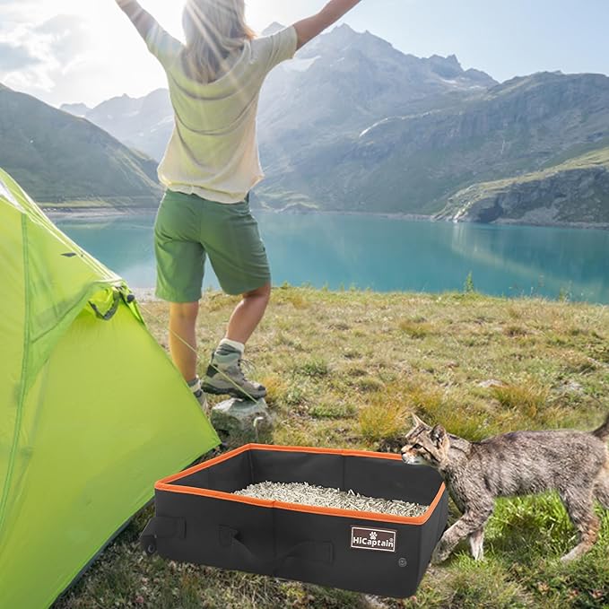 HiCaptain Portable Cat Litter Box, Foldable Litter Box for Travel in Car, Collapsible Toliet Tray Carrier for Small Medium Cats - Medium Black, 006M