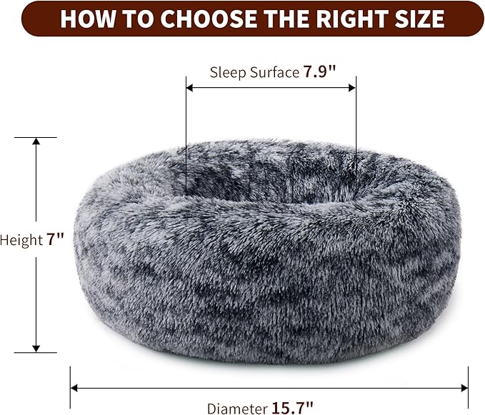 Calming Dog Bed for Cats and Small Dogs, Donut Washable Small Cat Bed for Indoor Cats and Dogs, Anti-Slip Round Fluffy Plush Faux Fur Pet Bed for Small Cats and Dogs (Black White, 15.7'')