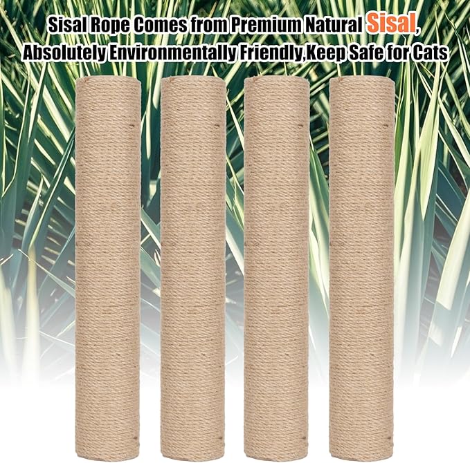 PowerKing Natural Sisal Replacement Scratching Post, 4 Pieces M8 Cat Scratch Post Refill Pole Parts for Refurbishment, White, Include Screws (Nature-15.7''+15.7''+7.87''+7.87'')