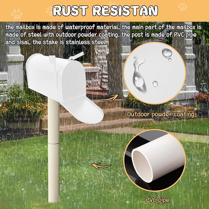 40in Outdoor Cat Scratching Post,Cat Toys for Outdoor Steel Mailbox In-Ground with PVC Sisal Post (White)
