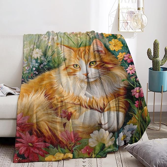 Lovely Cat & Wildflowers Blanket - Ultra Soft & Cozy Flannel Kitten Throw Blankets, Warm, Lightweight & Fuzzy - Perfect for Bed, Couch, Travel & Outdoor Use - for Men Women Adults 60"×50"