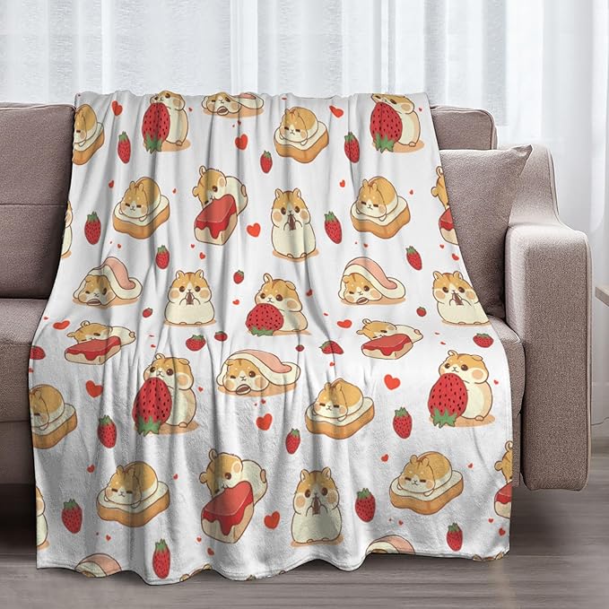 Hamster Strawberry Soft Throw Blanket Flannel Fleece Blankets Warm Cozy Lightweight Fuzzy Blanket for Bed Sofa Couch Home Decor 80"X60"