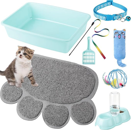 7 Pcs Small Cat Kitten Starter Kit Cat Litter Box with Shovel Cat Paw Litter Mat Double Automatic Cat Bowls Cat Toy Teaser Stick Cat Collar Essentials Kits for 1-3 Lbs Beginner (Blue,Simple)