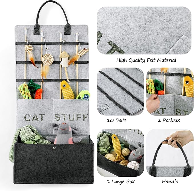 MABOZOO Cat Toy Storage Organizer for Wand Toys,Durable Pet Storage Box with Handle Cat Feather Toy Storage Hanging Bag for Neatly Organizing Teaser Wand Toys（Dark Grey）