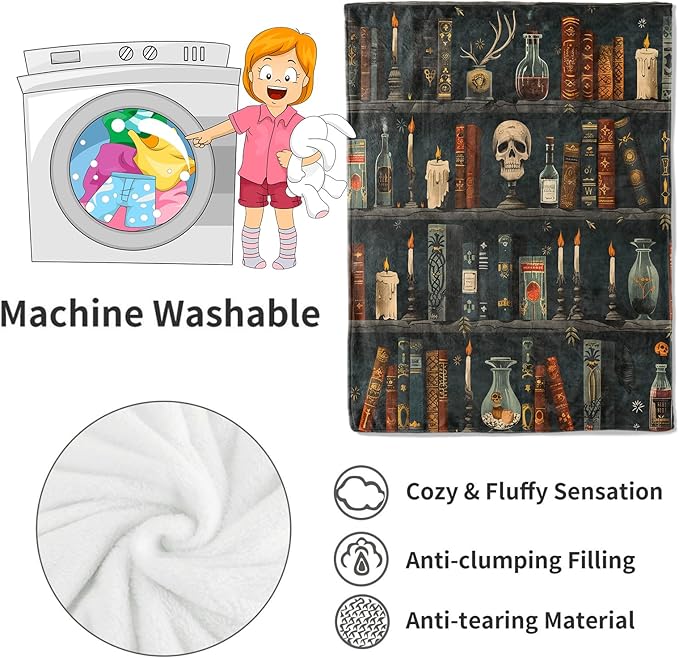 Gothic Book Blanket Vintage Books & Skull Throw Blankets Gifts for Girls Women Adults Lightweight Soft Fleece Cozy for Sofa Couch Bed Room Travel Halloween Party Goth Decor 50x60in