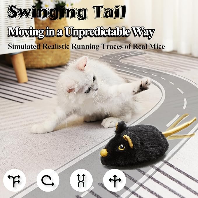 Vealind Cat Toys Rechargeable Mouse with Wagging Tail, Lifelike Squeak Chirping Electronic Mice for Indoor Cats, USB Touch Activated Kitten Toys (Black)