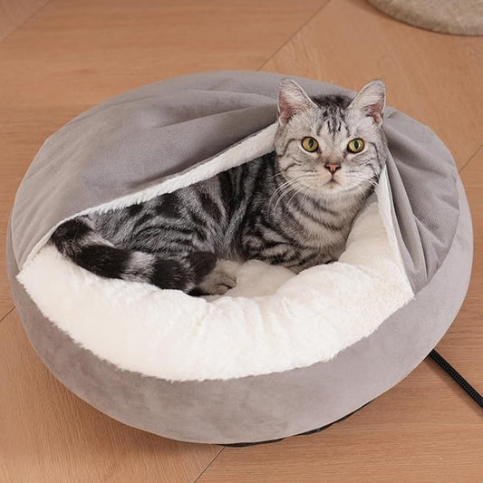 Heated Cats Bed with Cover,Indoor Auto Heating Pets Bed for Cats and Puppy, Washable and Warm Round Anti-Anxiety Heated Pets Bed with Cozy Hooded Blanket (20" with Cover)