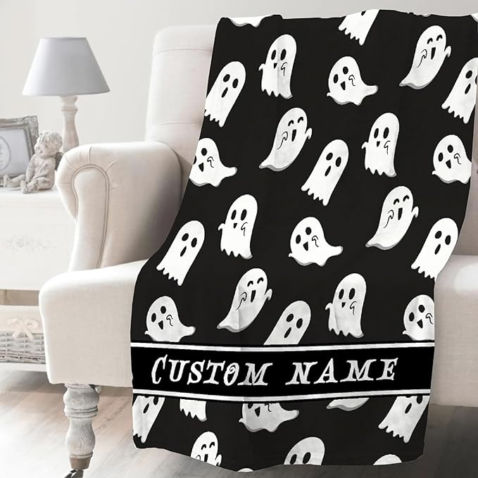 Cute Little Funny Ghost Custom Blanket Black Night Sky Spooky Personalized Throw Blankets Gifts for Girl Boy Flannel Fleece Halloween Customized Throw Blankets for Teens With Name Chair Sofa 60x50In