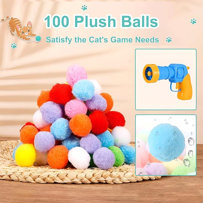 Cat Toy Ball Launcher 100Pcs Cat Toy Balls,Cat Interactive Toy DIY Set, Cat Toys Balls for Indoor Cats Kitten Toys, Pom Pom Balls with Launcher