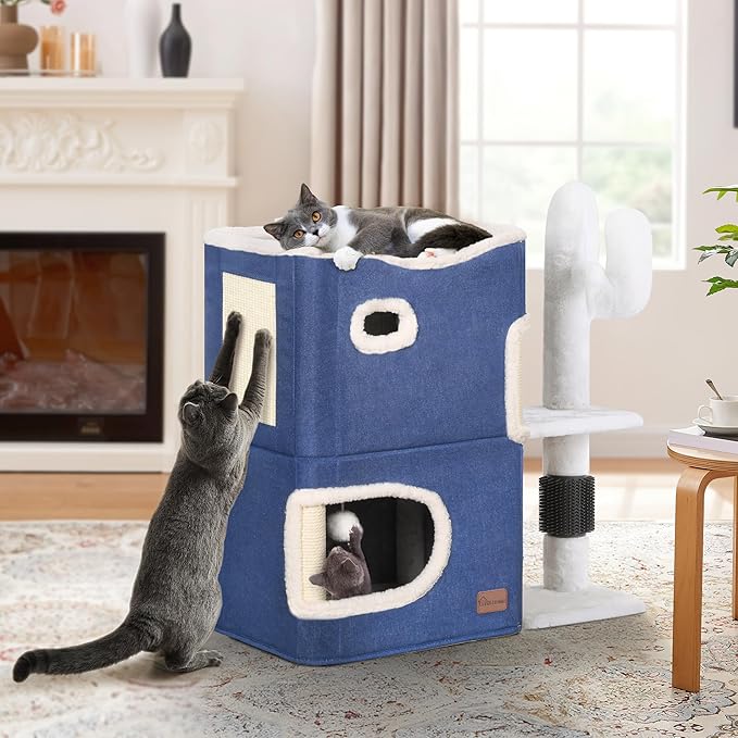 YITAHOME 2-Tier Cat House, Indoor Cat Cave Bed Playhouse, Cat Tunnels with Scratch Pad and Hideaway Cube, Cute Modern Cat Condo Furniture for Multi Small Cats, Cactus (Blue)