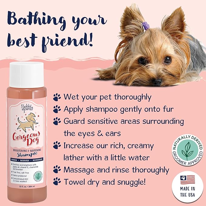 Bobbi Panter Gorgeous Dog Shampoo for Natural Brightening & Whitening, Naturally Derived Ingredients, Tear-Free, Salt-Free, Paraben-Free, pH-Balanced, Peach Scent, 20:1 Concentrated Formula, 13 oz.