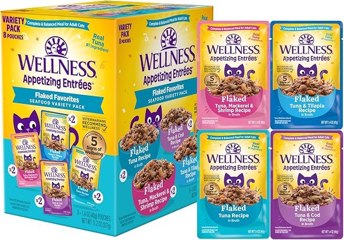 Wellness® Appetizing Entrées™ Flaked Favorites, Seafood Variety Pack, Natural Wet Cat Food, 1.4 oz Pouch (Pack of 8)