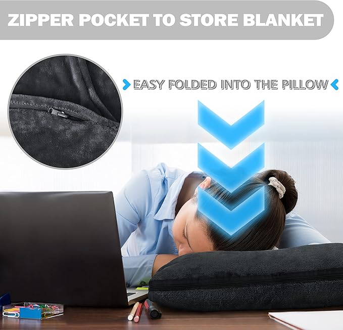 Solaris Travel Wearable Blanket with Sleeves, 2 in 1 Packable Airplane Pillow Blanket for Adult Women Men, Soft Cozy Warm Snuggy Body Blanket for Outdoor Indoor Home Lounge, Black