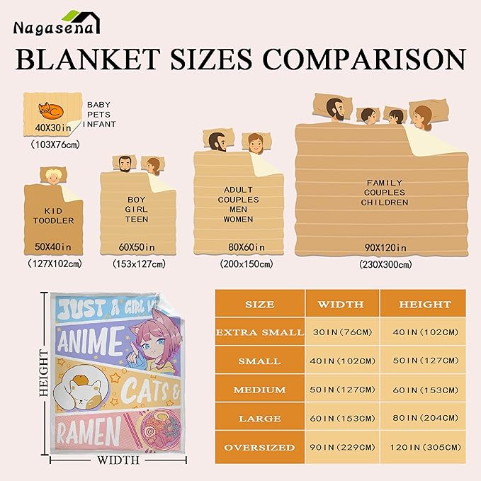 Just A Girl Anime Blanket - Kawaii Cats & Ramen Flannel, Luxurious & Cozy XL 90x120 Inch, Perfect for Anime Lovers & Family