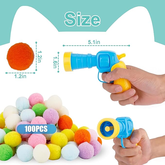 Cat Toy Ball Launcher 100Pcs Cat Toy Balls,Cat Interactive Toy DIY Set, Cat Toys Balls for Indoor Cats Kitten Toys, Pom Pom Balls with Launcher