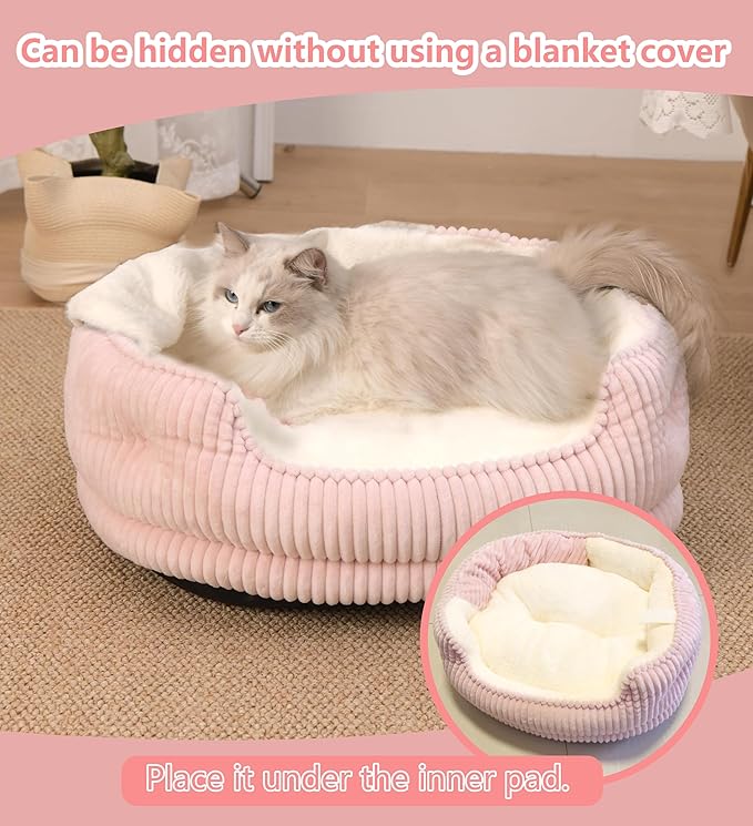 Cat Beds for Indoor Cats,with Soft Hooded Blanket.Comfortable Cute cat Bed,Removable Inner pad Washable with Non-Slip Bottom,Cozy Kitten、Small Dog Bed (Pink)