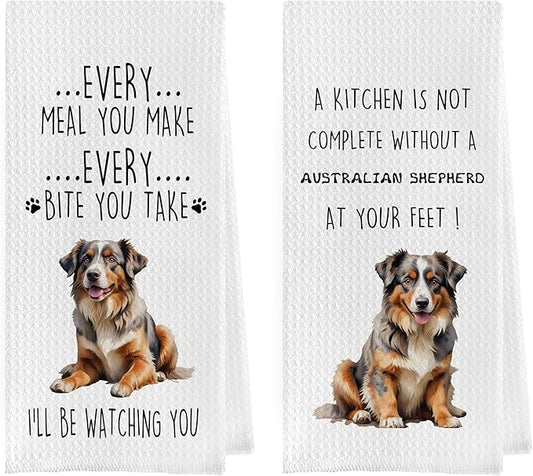 Australian Shepherd Dish Towels Set - Funny Australian Shepherd Decorative Waffle Kitchen Towels, Australian Shepherd Hand Tea Towels, Australian Shepherd Gifts (16×24 Inches, Set of 2)