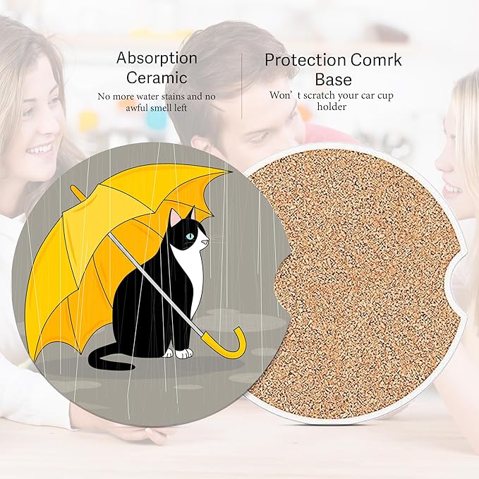 Black Cat Rain Car Coasters for Cup Holders, Absorbent Ceramic Coaster with Cork Back, Car Accessories Gifts for Men Women, 2PCS Universal Anti Slip Car Accessories, Cup Mat for Most Car Interior