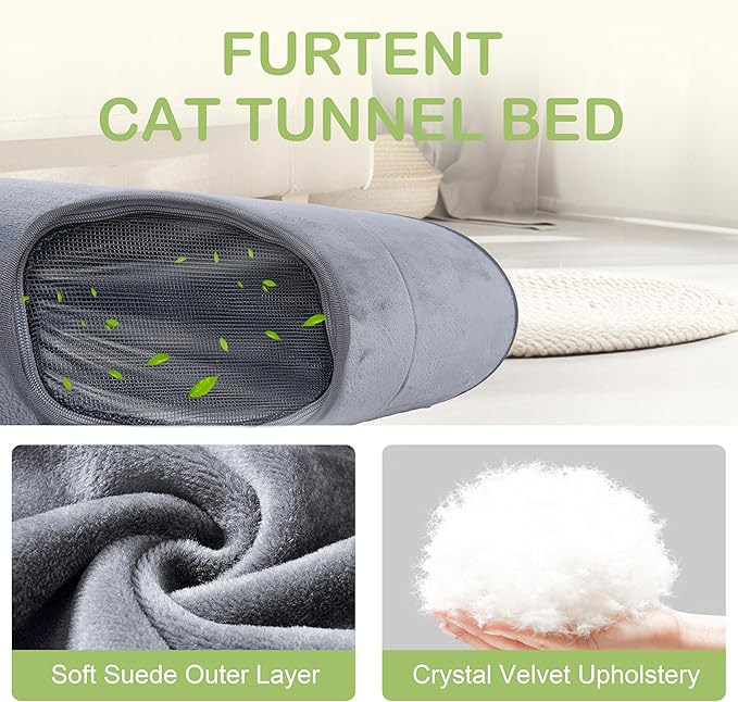 Cat Tunnel Bed for Multiple Kittens and Rabbits, Foldable Indoor Peekaboo Pet Cave, Sturdy and Scratch Resistant, Removable and Washable Soft Cushion - Cat Interactive Toys (Gray, with Door)