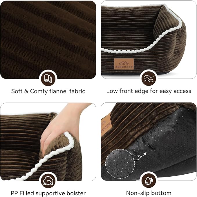 Cat Dog Bed for Pets, Rectangle Pet Bed Gift for Puppy and Kitten, Machine Washable Calming Fluffy Pet Couch Sofa for Indoor Outdoor, Portable Soft Cat Bed with Non-Slip Bottom (Small, Brown)