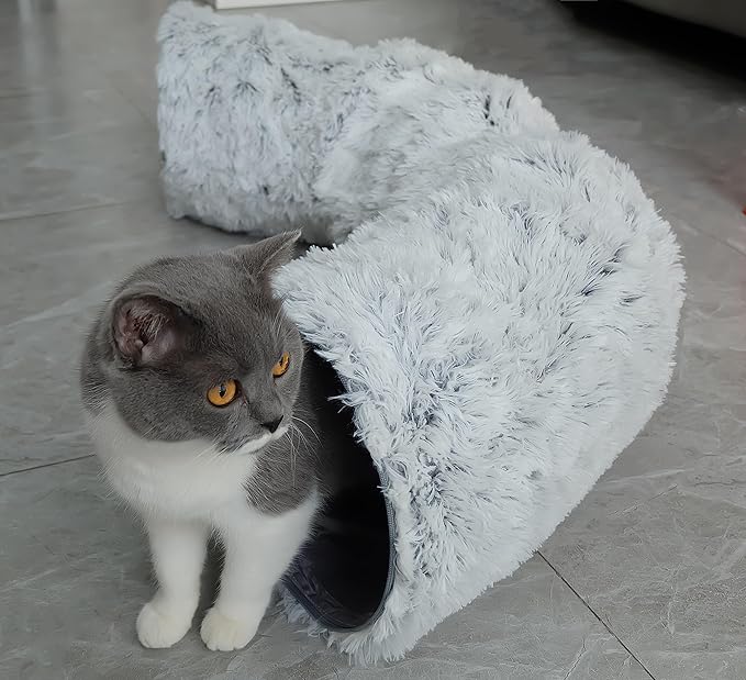 Plush Cat Tunnel Bed with Central Mat for Indoor Cat Kitten Puppy Rabbit,Under Christmas Tree Soft Plush Cat Play Tunnel, Peephole and Hanging Ball