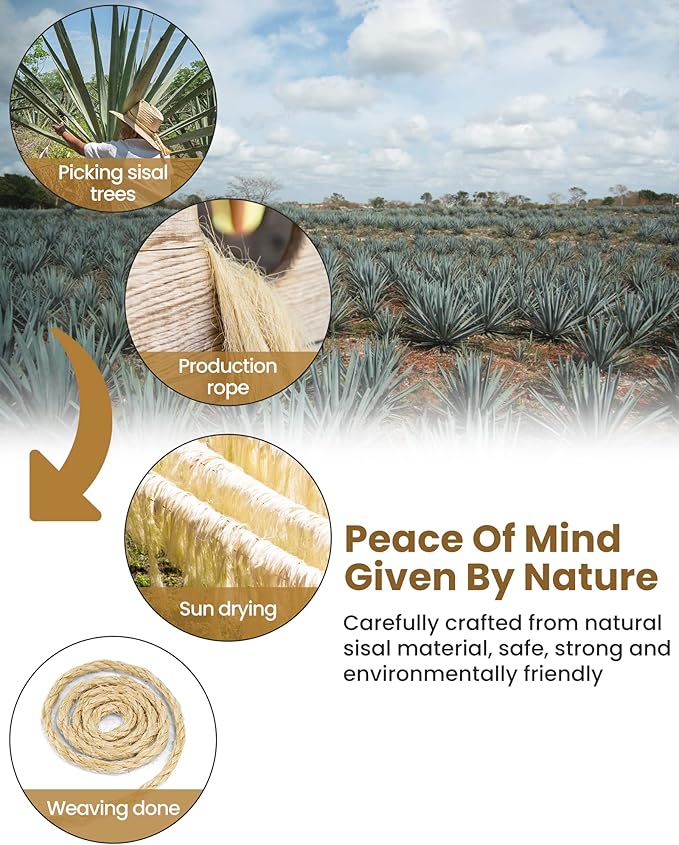 Sisal Rope for Cat Scratcher, Pettom Cat Scratching Post Replacement Natural Hemp Rope Sisal Replacement Rope for Cat Tree 1/4 inch Diameter 33FT