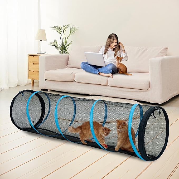 Cat Play Tunnel-3 Packs for Indoor and Outdoor,Cat Tunnel Outdoor,Cat Outdoor Enclosure, Cat Enclosures Easy to Connect with Two Zipper Doors,Product Size 59'' x 18'',3pcs /Set,Blue Trim