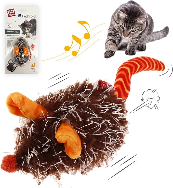 Gigwi Interactive Cat Toy Moving Mouse, Automatic Cat Toy Mice Electronic with Furry Tail, Squeaky Cat Toys for Indoor Cats/Outdoor Exercise (Orange Ear)